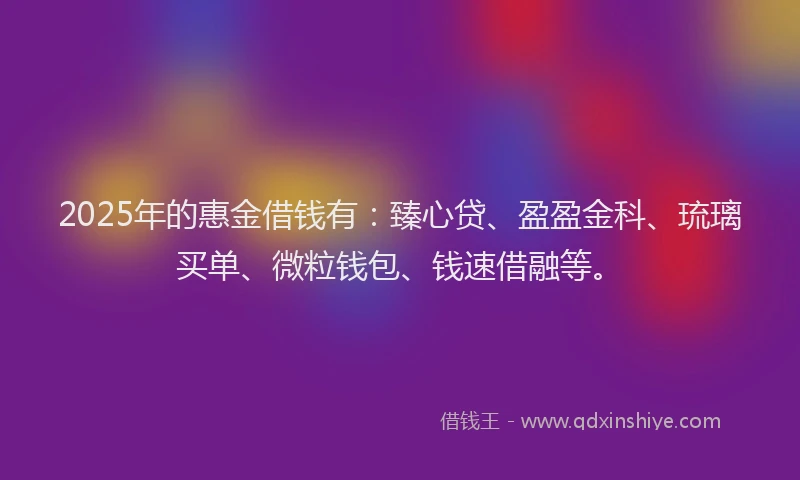 2025年的惠金借钱有：臻心贷、盈盈金科、琉璃买单、微粒钱包、钱速借融等。