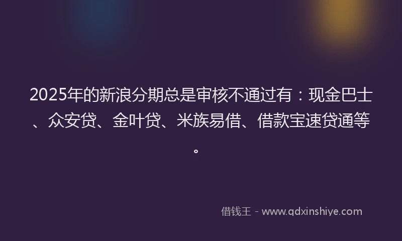 2025年的新浪分期总是审核不通过有：现金巴士、众安贷、金叶贷、米族易借、借款宝速贷通等。