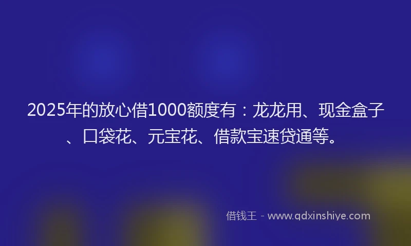 2025年的放心借1000额度有：龙龙用、现金盒子、口袋花、元宝花、借款宝速贷通等。