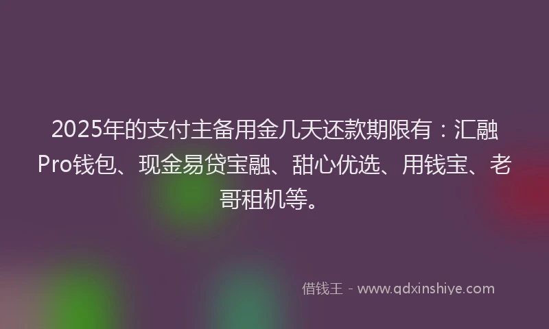 2025年的支付主备用金几天还款期限有：汇融Pro钱包、现金易贷宝融、甜心优选、用钱宝、老哥租机等。