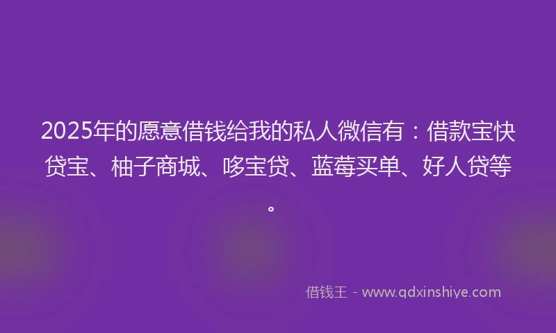 2025年的愿意借钱给我的私人微信有：借款宝快贷宝、柚子商城、哆宝贷、蓝莓买单、好人贷等。