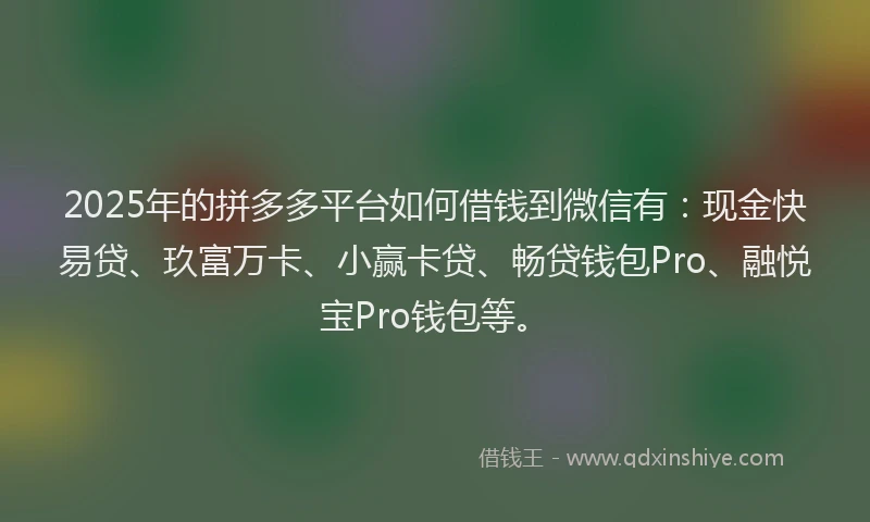 2025年的拼多多平台如何借钱到微信有：现金快易贷、玖富万卡、小赢卡贷、畅贷钱包Pro、融悦宝Pro钱包等。