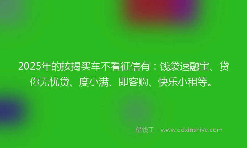 2025年的按揭买车不看征信有：钱袋速融宝、贷你无忧贷、度小满、即客购、快乐小租等。