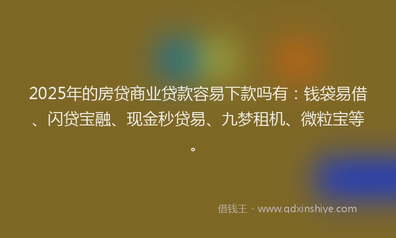 2025年的房贷商业贷款容易下款吗有：钱袋易借、闪贷宝融、现金秒贷易、九梦租机、微粒宝等。