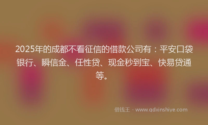 2025年的成都不看征信的借款公司有：平安口袋银行、瞬信金、任性贷、现金秒到宝、快易贷通等。