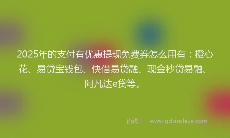2025年的支付有优惠提现免费券怎么用有：橙心花、易贷宝钱包、快借易贷融、现金秒贷易融、阿凡达e贷等。