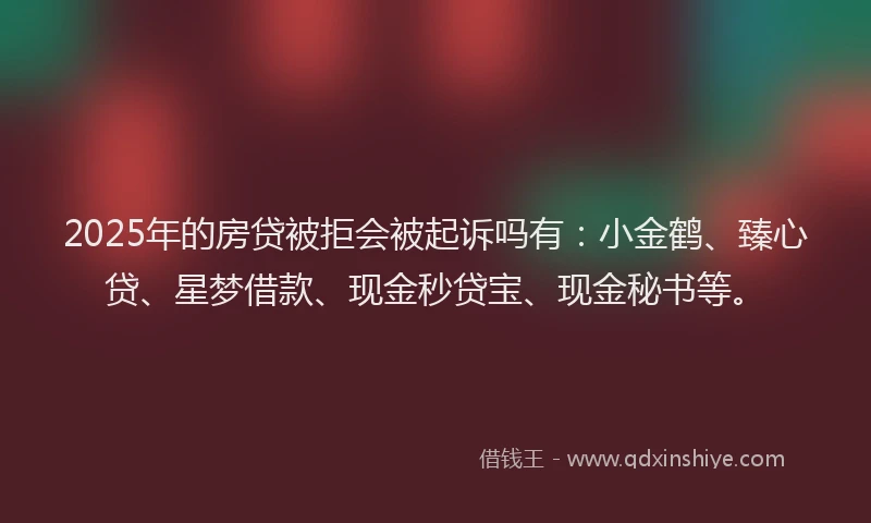 2025年的房贷被拒会被起诉吗有：小金鹤、臻心贷、星梦借款、现金秒贷宝、现金秘书等。