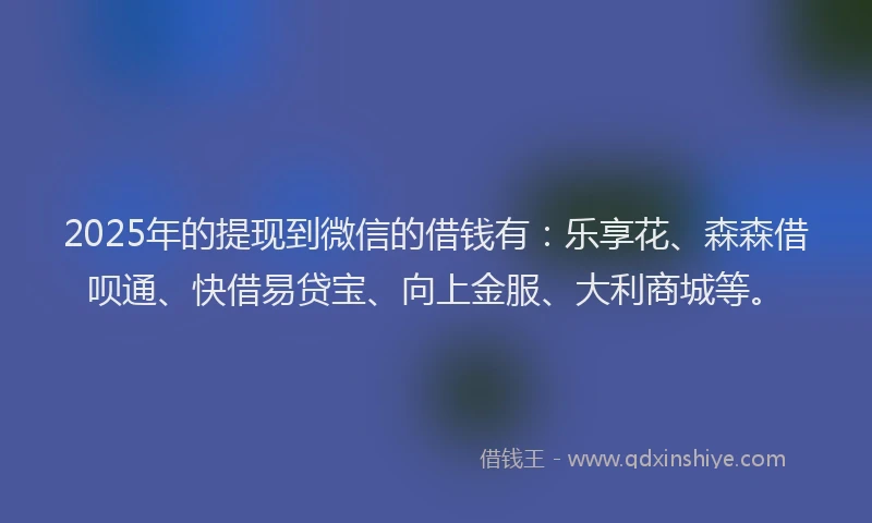2025年的提现到微信的借钱有：乐享花、森森借呗通、快借易贷宝、向上金服、大利商城等。