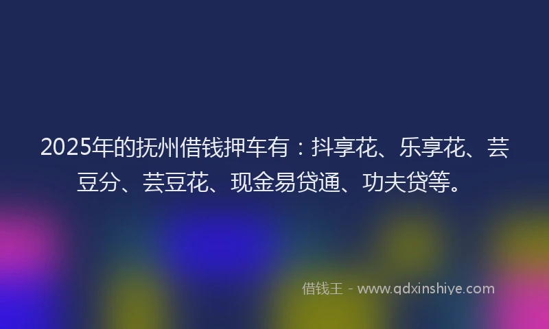 2025年的抚州借钱押车有：抖享花、乐享花、芸豆分、芸豆花、现金易贷通、功夫贷等。