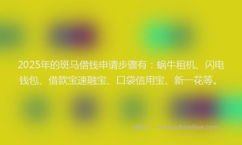 2025年的斑马借钱申请步骤有：蜗牛租机、闪电钱包、借款宝速融宝、口袋信用宝、新一花等。