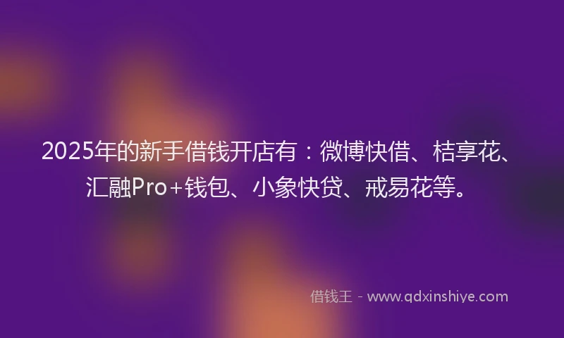 2025年的新手借钱开店有：微博快借、桔享花、汇融Pro+钱包、小象快贷、戒易花等。