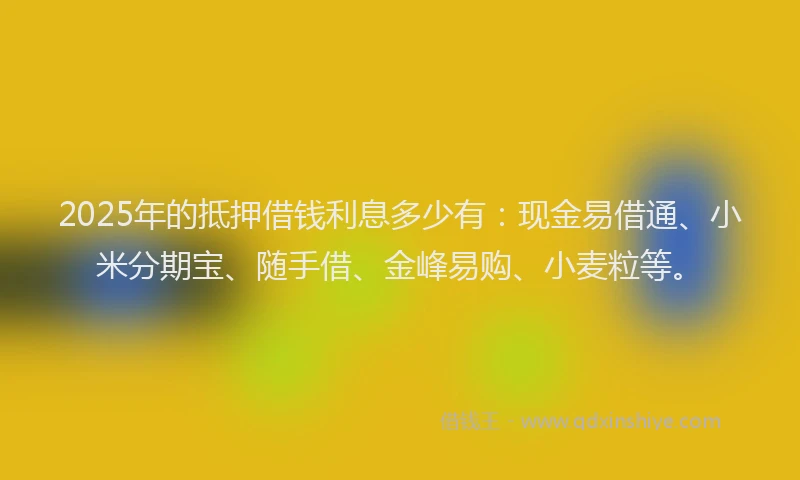 2025年的抵押借钱利息多少有：现金易借通、小米分期宝、随手借、金峰易购、小麦粒等。