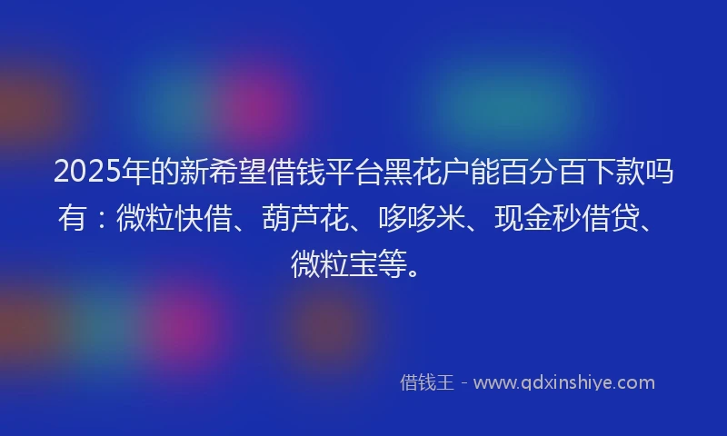 2025年的新希望借钱平台黑花户能百分百下款吗有：微粒快借、葫芦花、哆哆米、现金秒借贷、微粒宝等。