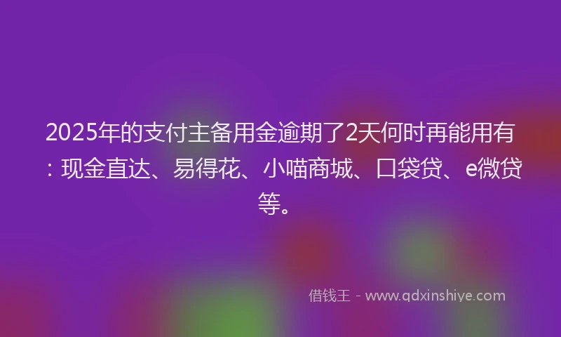 2025年的支付主备用金逾期了2天何时再能用有：现金直达、易得花、小喵商城、口袋贷、e微贷等。