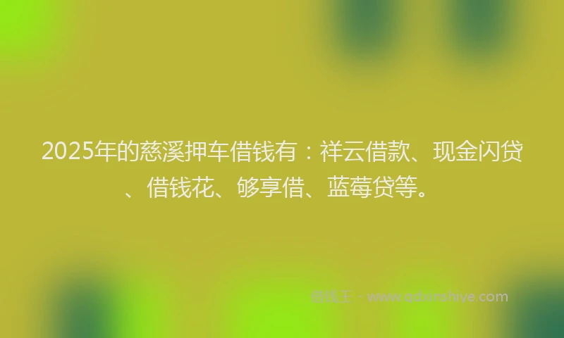 2025年的慈溪押车借钱有：祥云借款、现金闪贷、借钱花、够享借、蓝莓贷等。