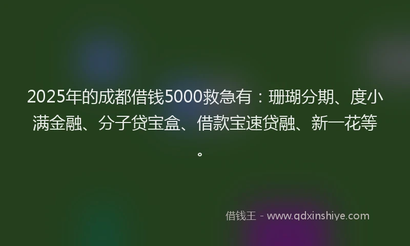 2025年的成都借钱5000救急有：珊瑚分期、度小满金融、分子贷宝盒、借款宝速贷融、新一花等。