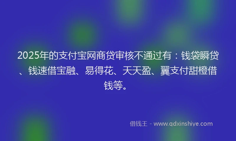 2025年的支付宝网商贷审核不通过有：钱袋瞬贷、钱速借宝融、易得花、天天盈、翼支付甜橙借钱等。