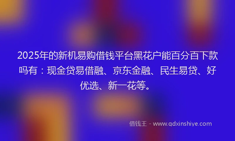 2025年的新机易购借钱平台黑花户能百分百下款吗有：现金贷易借融、京东金融、民生易贷、好优选、新一花等。