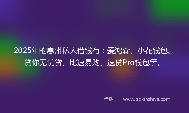 2025年的惠州私人借钱有：爱鸿森、小花钱包、贷你无忧贷、比速易购、速贷Pro钱包等。