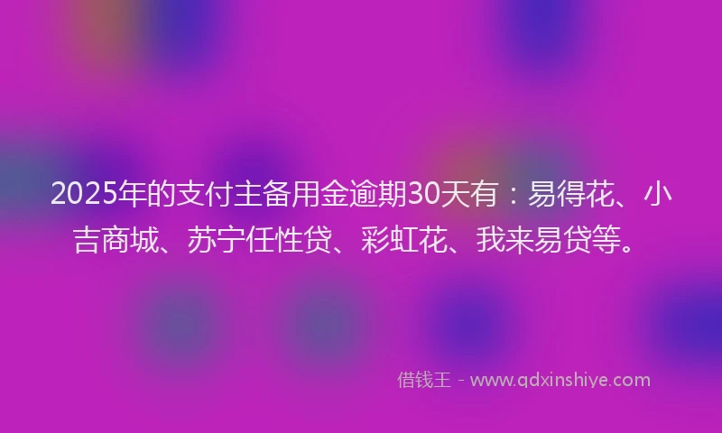 2025年的支付主备用金逾期30天有：易得花、小吉商城、苏宁任性贷、彩虹花、我来易贷等。