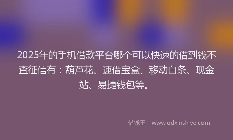 2025年的手机借款平台哪个可以快速的借到钱不查征信有：葫芦花、速借宝盒、移动白条、现金站、易捷钱包等。