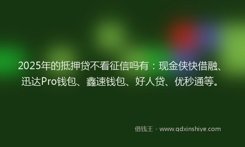 2025年的抵押贷不看征信吗有：现金侠快借融、迅达Pro钱包、鑫速钱包、好人贷、优秒通等。