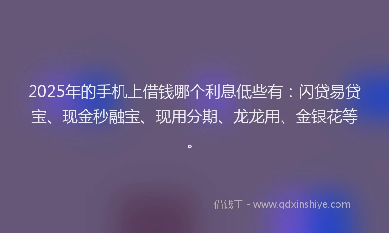 2025年的手机上借钱哪个利息低些有：闪贷易贷宝、现金秒融宝、现用分期、龙龙用、金银花等。