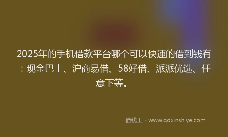 2025年的手机借款平台哪个可以快速的借到钱有：现金巴士、沪商易借、58好借、派派优选、任意下等。