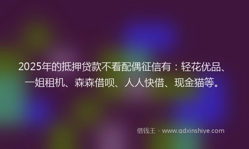 2025年的抵押贷款不看配偶征信有：轻花优品、一姐租机、森森借呗、人人快借、现金猫等。