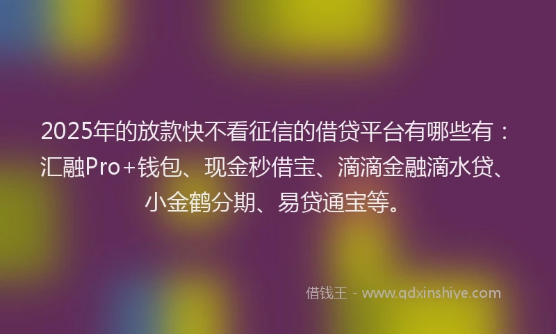 2025年的放款快不看征信的借贷平台有哪些有：汇融Pro+钱包、现金秒借宝、滴滴金融滴水贷、小金鹤分期、易贷通宝等。