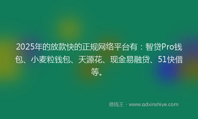 2025年的放款快的正规网络平台有：智贷Pro钱包、小麦粒钱包、天源花、现金易融贷、51快借等。