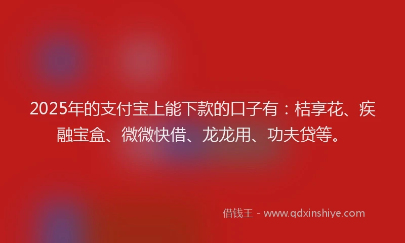 2025年的支付宝上能下款的口子有：桔享花、疾融宝盒、微微快借、龙龙用、功夫贷等。