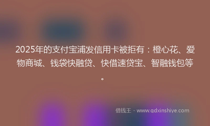 2025年的支付宝浦发信用卡被拒有：橙心花、爱物商城、钱袋快融贷、快借速贷宝、智融钱包等。