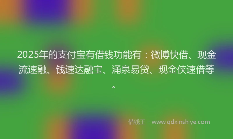 2025年的支付宝有借钱功能有：微博快借、现金流速融、钱速达融宝、涌泉易贷、现金侠速借等。