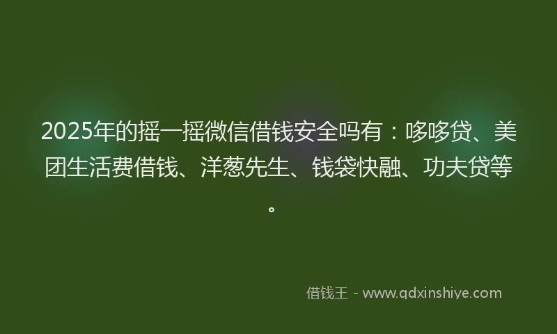 2025年的摇一摇微信借钱安全吗有：哆哆贷、美团生活费借钱、洋葱先生、钱袋快融、功夫贷等。