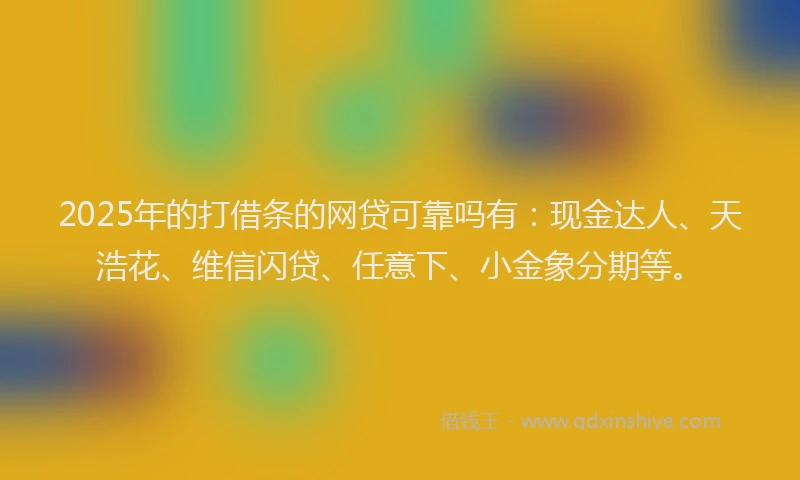 2025年的打借条的网贷可靠吗有：现金达人、天浩花、维信闪贷、任意下、小金象分期等。