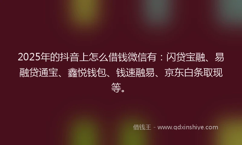 2025年的抖音上怎么借钱微信有：闪贷宝融、易融贷通宝、鑫悦钱包、钱速融易、京东白条取现等。