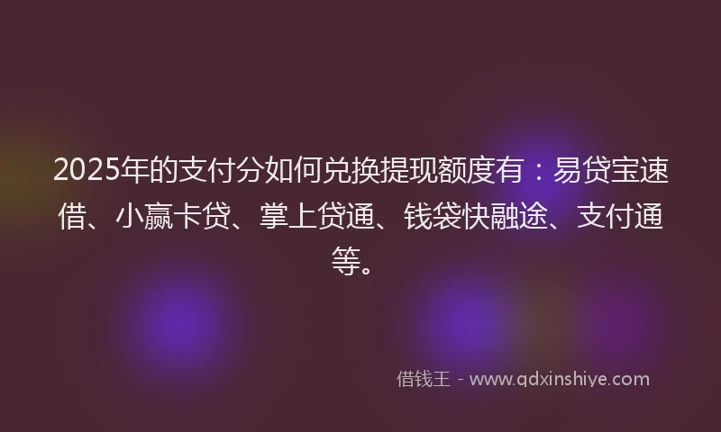 2025年的支付分如何兑换提现额度有：易贷宝速借、小赢卡贷、掌上贷通、钱袋快融途、支付通等。