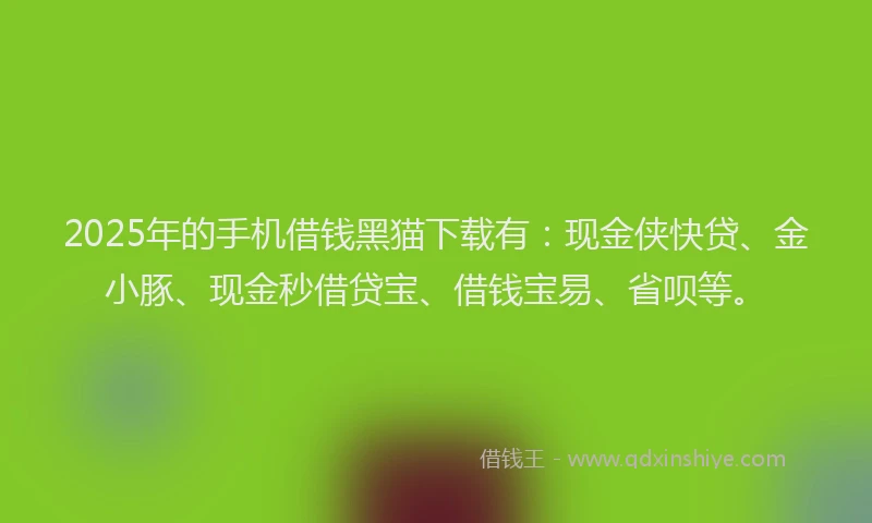2025年的手机借钱黑猫下载有：现金侠快贷、金小豚、现金秒借贷宝、借钱宝易、省呗等。