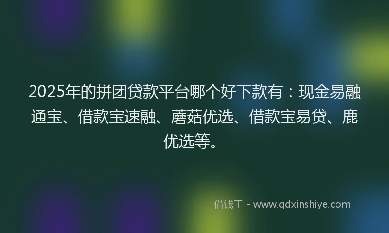 2025年的拼团贷款平台哪个好下款有：现金易融通宝、借款宝速融、蘑菇优选、借款宝易贷、鹿优选等。