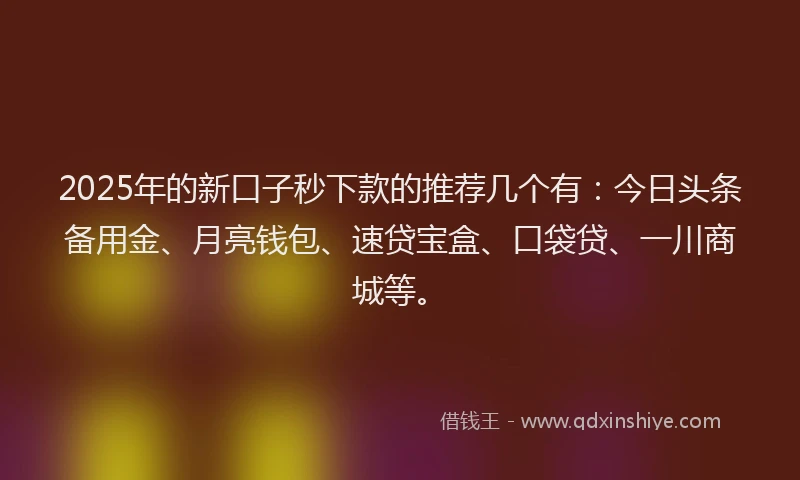 2025年的新口子秒下款的推荐几个有：今日头条备用金、月亮钱包、速贷宝盒、口袋贷、一川商城等。