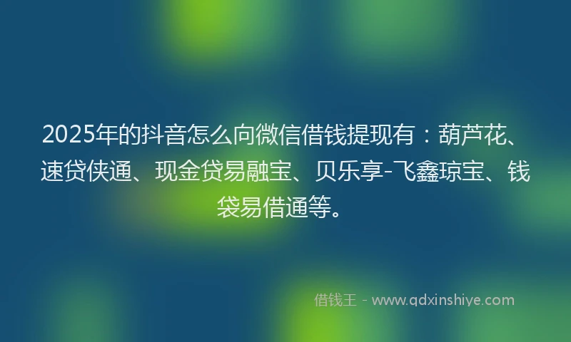 2025年的抖音怎么向微信借钱提现有：葫芦花、速贷侠通、现金贷易融宝、贝乐享-飞鑫琼宝、钱袋易借通等。
