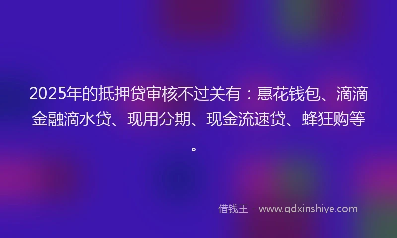 2025年的抵押贷审核不过关有：惠花钱包、滴滴金融滴水贷、现用分期、现金流速贷、蜂狂购等。