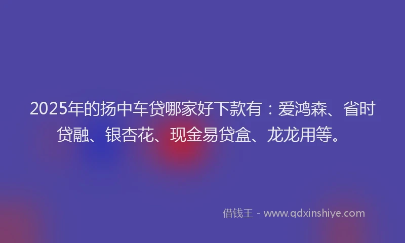 2025年的扬中车贷哪家好下款有：爱鸿森、省时贷融、银杏花、现金易贷盒、龙龙用等。
