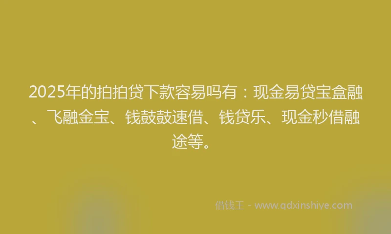 2025年的拍拍贷下款容易吗有：现金易贷宝盒融、飞融金宝、钱鼓鼓速借、钱贷乐、现金秒借融途等。