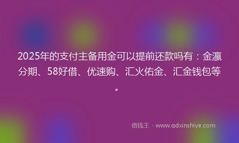 2025年的支付主备用金可以提前还款吗有：金瀛分期、58好借、优速购、汇火佑金、汇金钱包等。