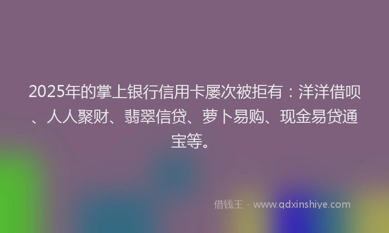 2025年的掌上银行信用卡屡次被拒有：洋洋借呗、人人聚财、翡翠信贷、萝卜易购、现金易贷通宝等。