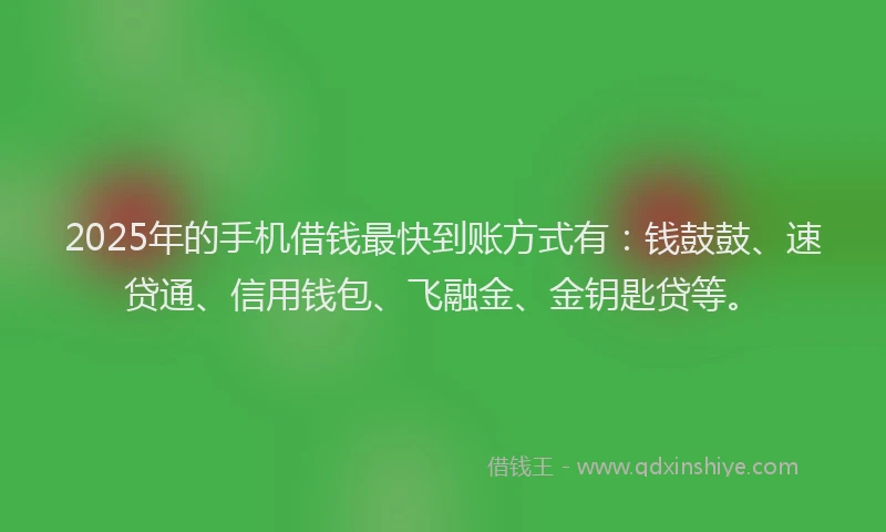 2025年的手机借钱最快到账方式有：钱鼓鼓、速贷通、信用钱包、飞融金、金钥匙贷等。
