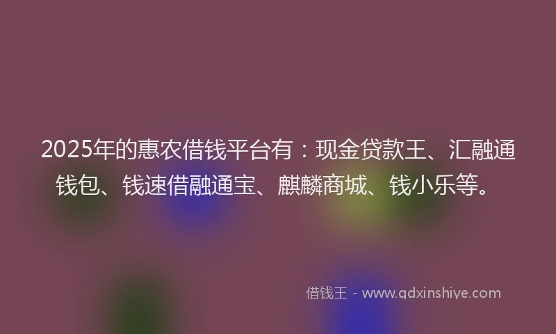 2025年的惠农借钱平台有：现金贷款王、汇融通钱包、钱速借融通宝、麒麟商城、钱小乐等。