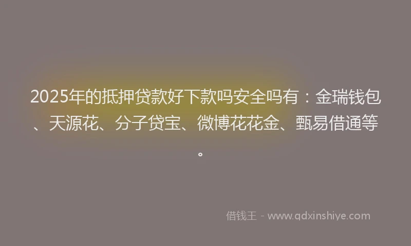 2025年的抵押贷款好下款吗安全吗有：金瑞钱包、天源花、分子贷宝、微博花花金、甄易借通等。